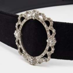 Pre Owned Chanel Black Velvet and Leather Crystals Round Buckle Waist Belt 90CM