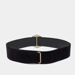Pre Owned Chanel Black Velvet and Leather Crystals Round Buckle Waist Belt 90CM