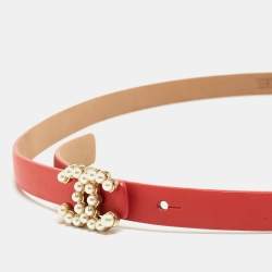 Pre Owned Chanel Coral Orange Leather CC Pearl Detail Belt 85CM