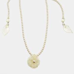 Pre Owned Chanel CC Camelia Plastic Faux Pearl Silver Tone Necklace