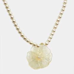 Pre Owned Chanel CC Camelia Plastic Faux Pearl Silver Tone Necklace