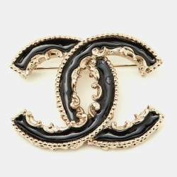 Pre Owned Chanel Black Enamel Gold Tone CC Baroque Pin Brooch