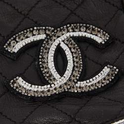 Pre Owned Chanel Black Quilted Leather Logo Embellished Fingerless Gloves Size 7