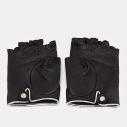 Pre Owned Chanel Black Quilted Leather Logo Embellished Fingerless Gloves Size 7