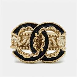 Pre Owned Chanel CC Black Enamel Gold Tone Cocktail Ring Size 52
