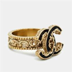 Pre Owned Chanel CC Black Enamel Gold Tone Cocktail Ring Size 52