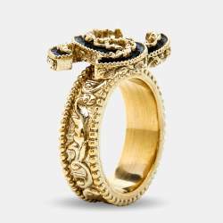 Pre Owned Chanel CC Black Enamel Gold Tone Cocktail Ring Size 52