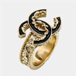 Pre Owned Chanel CC Black Enamel Gold Tone Cocktail Ring Size 52
