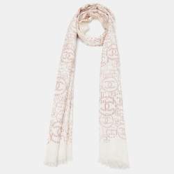 Pre Owned Chanel Off White Logo Printed Silk Fringed Scarf