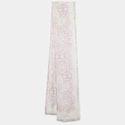 Pre Owned Chanel Off White Logo Printed Silk Fringed Scarf