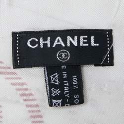 Pre Owned Chanel Off White Logo Printed Silk Fringed Scarf