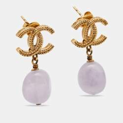 Pre Owned Chanel CC Paris-Byzance Amethyst Gold Tone Earrings