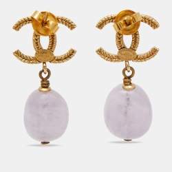 Pre Owned Chanel CC Paris-Byzance Amethyst Gold Tone Earrings