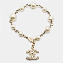 Chanel CC Faux Pearl Gold Tone Bead Charm Bracelet