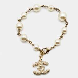 Chanel CC Faux Pearl Gold Tone Bead Charm Bracelet
