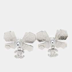 Chanel CC Bow Crystals Silver Tone Earrings