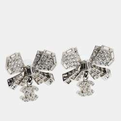 Chanel CC Bow Crystals Silver Tone Earrings