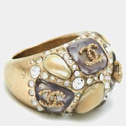 Pre Owned Chanel CC Crystal  Gripoix Enamel Gold Tone Cocktail Ring Size 54