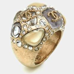 Pre Owned Chanel CC Crystal  Gripoix Enamel Gold Tone Cocktail Ring Size 54