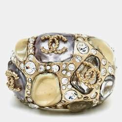 Pre Owned Chanel CC Crystal  Gripoix Enamel Gold Tone Cocktail Ring Size 54