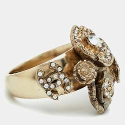 Chanel CC Crystal Camellia Cluster Gold Tone Ring  Size 52