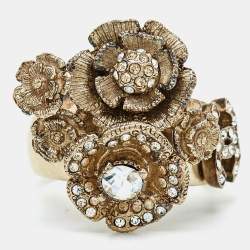 Chanel CC Crystal Camellia Cluster Gold Tone Ring  Size 52