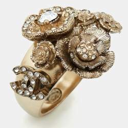 Chanel CC Crystal Camellia Cluster Gold Tone Ring  Size 52
