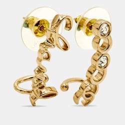 Pre Owned Chanel Coco Script Crystal Gold Tone Climber Earrings 