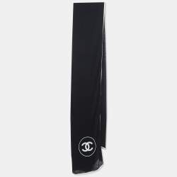 Pre Owned Chanel Black CC Logo Embroidered Cashmere and Silk Knit Scarf