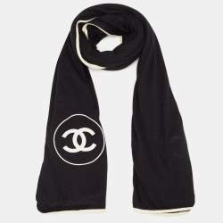 Pre Owned Chanel Black CC Logo Embroidered Cashmere and Silk Knit Scarf