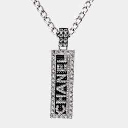 Pre Owned Chanel Logo Crystal Silver Tone Necklace