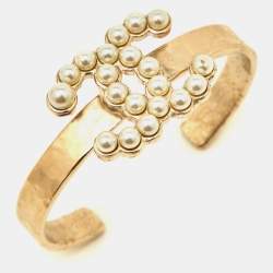 Chanel CC Faux Pearl Gold Tone Open Cuff Bracelet