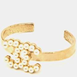 Chanel CC Faux Pearl Gold Tone Open Cuff Bracelet