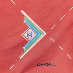 Chanel Red Geometric Logo Print Silk Square Scarf