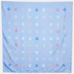 Pre Owned Chanel Light Blue All-over CC Print Silk Square Scarf