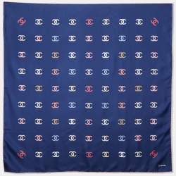 Chanel Navy Blue All-over CC Print Silk Square Scarf