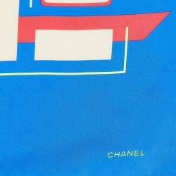 Pre Owned Chanel Blue Geometric Logo Print Silk Square Scarf