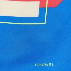 Pre Owned Chanel Blue Geometric Logo Print Silk Square Scarf