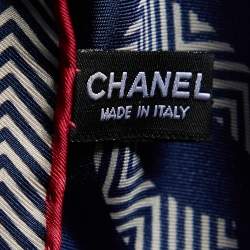 Chanel Navy Blue Zigzag Logo Print Silk Square Scarf