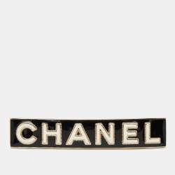 Pre Owned Chanel Logo Bi-color Enamel Gold Tone Hair Clip Barrette