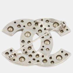Chanel Silver Large CC Logo Crystal Brooch