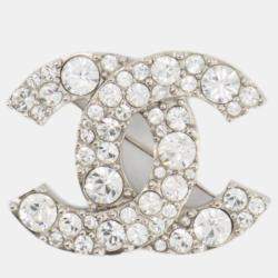 Chanel Silver Large CC Logo Crystal Brooch