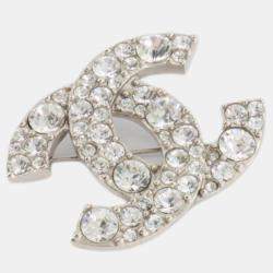 Chanel Silver Large CC Logo Crystal Brooch