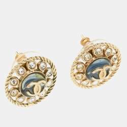Chanel CC Crystal Gold Tone Round Stud Earrings