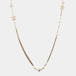Chanel CC Faux Pearl Gold Tone Chain Link Long Station Necklace
