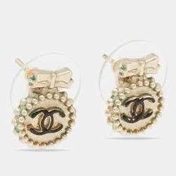 Chanel CC Bow Enamel Gold Tone Earrings