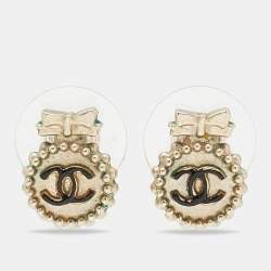 Chanel CC Bow Enamel Gold Tone Earrings