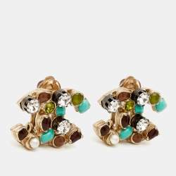 Chanel CC Embellished Crystal Faux Pearl Resin Two Tone Earriings