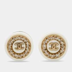 Chanel CC Enamel Resin Gold Tone Earrings