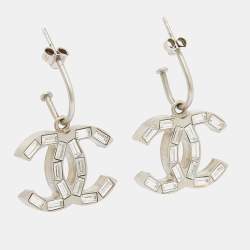 Chanel Silver Tone Baguette Crystal CC Dangle Earrings